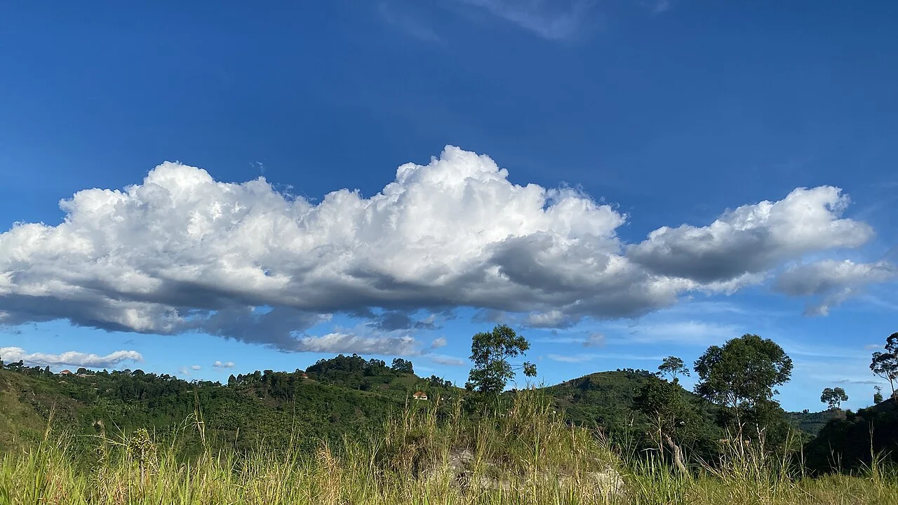 Clouds over a hilly landscape in Rubirizi District, Western Uganda